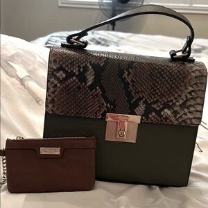 Dune London Brown and Olive Satchel with Snakeskin design w/ attachable wallet